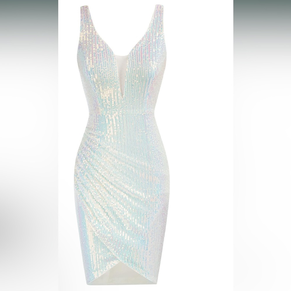 GRACE KARIN Deep V Neck Party Mini Dress U Back Sequin Irregular Hem Dress